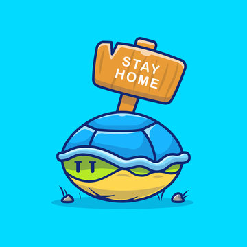 Turtle In Shell Vector Icon Illustration. Stay At Home Mascot Cartoon Character. Animal Icon Concept White Isolated. Flat Cartoon Style Suitable for Web Landing Page, Banner, Flyer, Sticker, Card