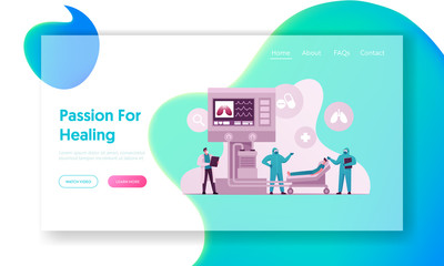 Mechanical Lungs Ventilation Landing Page Template. Doctor Characters Control Diseased Patient Lying in Chamber with Breething Machine, Coronavirus Pandemic. Cartoon People Vector Illustration