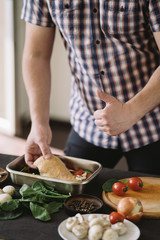 Diet concept, healthy lifestyle, low calorie food. Man cooking fat- free, no fry meals