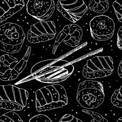 Japanese food pattern white in sketch style on black background. Chalk Illustration