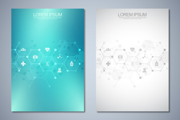 Template brochure or cover book, page layout, flyer design. Concept and idea for health care business, innovation medicine, pharmacy, technology. Medical background with flat icons and symbols.