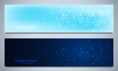 Fototapeta na wymiar Banner design templates and headers for site with molecular structures background and chemical engineering. Science, medicine and innovation technology concept.