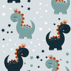 Childish seamless pattern with blue and dark dinosaurs on a blue background. Hand drawn children's pattern for fashion clothes, shirt, fabric. Baby Vector Illustration. Dinosaur pattern vector.