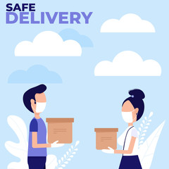 Delivery food safe during coronavirus pandemic. Quarantine epidemic, Safe contact delivery to home. Courier protected medical mask and gloves.