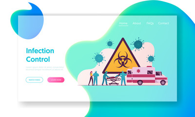 Coronavirus Pandemic Landing Page Template. Doctor Characters Wear Protective Costumes Hospitalize Infectious Patient on Bed for Mechanical Lungs Ventilation Aid. Cartoon People Vector Illustration