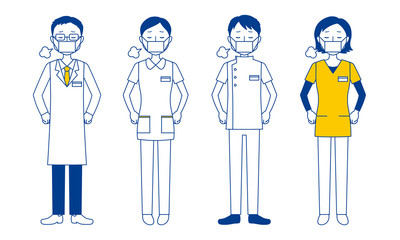 Illustration set of healthcare workers sighing (doctors, nurses, physiotherapists, radiologists) 