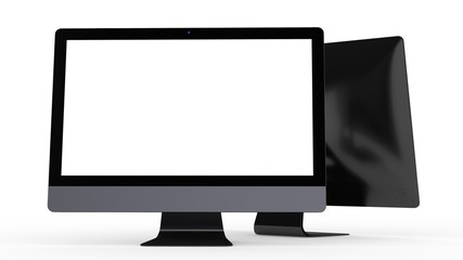 flat monitor white screen computer, pc display digital illustration screen and slim 3d