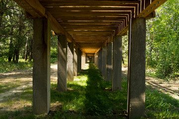 Fototapeta na wymiar Wooden bridge in the park. The underside on concrete poles.