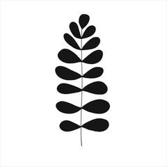 Black tropical leaf silute on an isolated white background. Botanical tree branches, palm leaf on the stem. Spring summer leaf. Concept design logo icon for the application. Vector illustration.