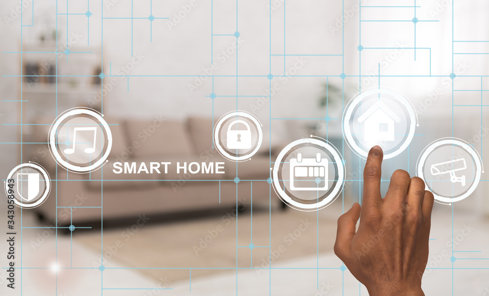 Poster Smart home. Young guy automatically controlling appliances and devices, pushing button on virtual screen, collage
