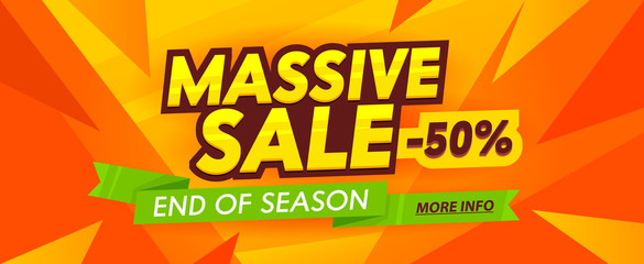 Naklejka na ściany i meble Massive Sale Advertising Banner with Typography on Colorful Background. End of Season Backdrop Content Flyer, Social Media Promo. Branding Template Design for Shopping Discount. Vector Illustration