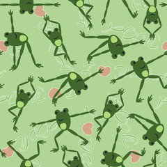 Seamless pattern with funny frog doing yoga. Written phrase - I love yoga