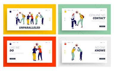 Obraz na płótnie Canvas Characters Greeting Each Other With Feet and Elbows Landing Page Template Set. Friends or Colleagues Alternative Non-contact Greet During Coronavirus Epidemic Safety. Linear People Vector Illustration