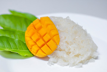 Mango sticky rice is a Thai dessert in the summer.