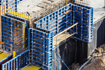 Installed formworks and iron rebars or reinforcing bar for reinforced concrete partitions at the...
