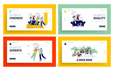 Happy Family Spare Time Landing Page Template Set. Characters Parents, Dog and Kids Blowing Soap Bubbles at Covid19 Quarantine Isolation. Riding Bike with Trailer. Linear People Vector Illustration