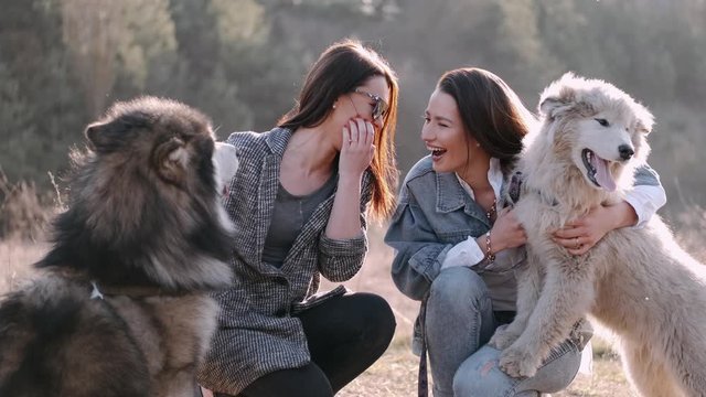 Two women are walking with their dogs in the field. The girls are hugging the pets and are happy to chill out together.