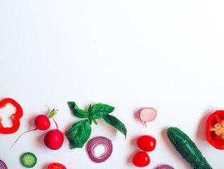 Cook frame with fresh vegetables on white background top view space for text