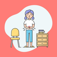 Concept Of Health Care And Medicine, Painful Menstruation. Young Woman Feels Acute Stomach Ache. Girl Is Standing And Holding Tummy And Feels Bad. Cartoon Linear Outline Style. Vector Illustration