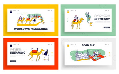 Arabian Fairytale Landing Page Template Set. Fantasy Personages Aladdin and Jasmine Princess Characters Flying on Carpet in Desert, Camel Caravan, and Geine in Lamp. Linear People Vector Illustration