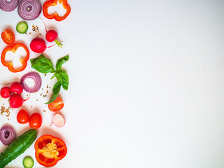 Fototapeta premium Cook frame with fresh vegetables on white background top view space for text