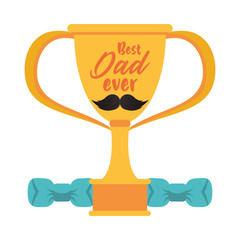 trophy cup award best dad with mustache and dumbbells
