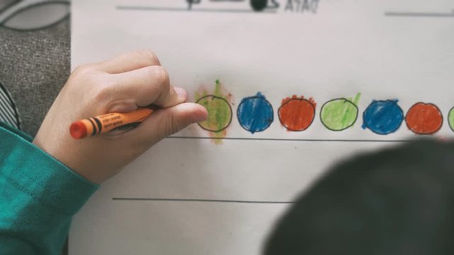 Child drawing with crayons on paper or doing homework from home. Home schooling or e-learning concept