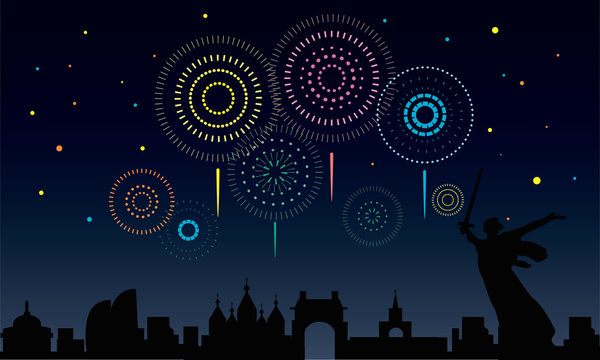 Fireworks in sky of Volgograd. Vector illustration.