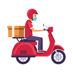 Obraz premium delivery worker with face mask in motorcycle