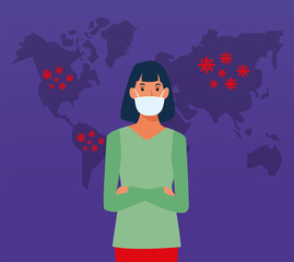 covid19 pandemic particles with earth maps and woman using face mask