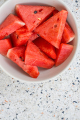 sliced fruit on bowl, red watermalon.