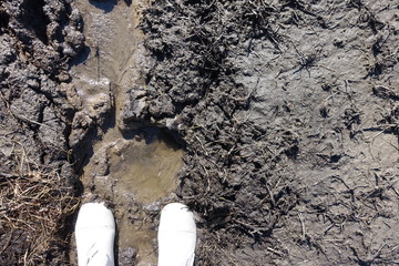 My booted feet are covered in mud and slush. Spring snowmelt, mud mud and puddles on the road. Autumn and spring background.