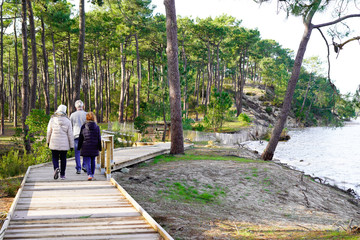Fototapeta na wymiar Wooden pathway family tourist in hourtin beach lake sea of Maubuisson Carcans France
