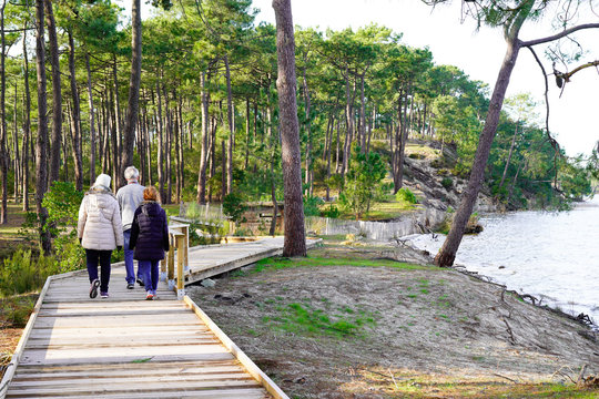 Wooden pathway family tourist in hourtin beach lake sea of Maubuisson Carcans France