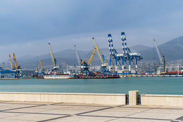 Novorossiysk, Russia - March 25, 2020. - Port cranes along pier of Novorossiysk Commercial Sea Port. Large number of port cranes on blurred background of Caucasus mountains. Selective focus.