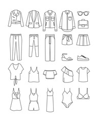 Set of clothes icons, thin line style. Clothing outline,monochrome icons in set collection for design.  