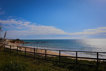 Obraz premium A bench overlooking the ocean next to a body of water