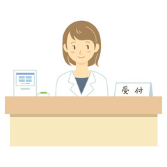 病院の受付をする白衣の女性のイラスト（医師・薬剤師など）
