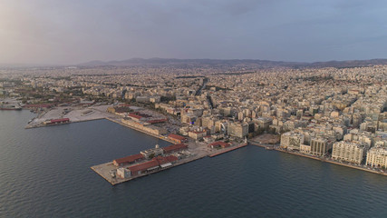 Aerial view of Thessaloniki city, Greece. Sunset. 
