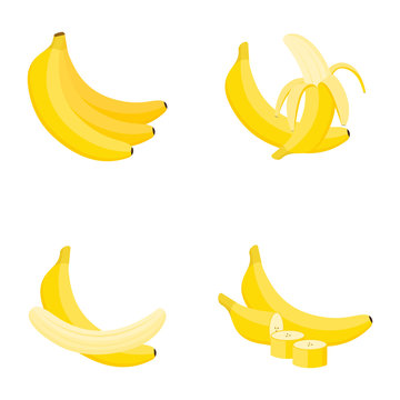 Banana, whole fruit, half, slice, vector illustration