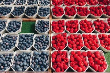 Organic blueberries and raspberries in recycled box containers at a farmers city market. Healthy food, vitamins, vegetarian and vegan concept