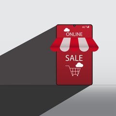 Online shopping. Sale event online shopping. Icon for online market. Mobile technology for connection with retail vendor. Comfortable life. Computer cloud communication technology.