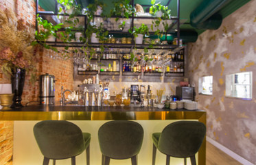 Interior of modern urban cafe or restaurant interior with dining places