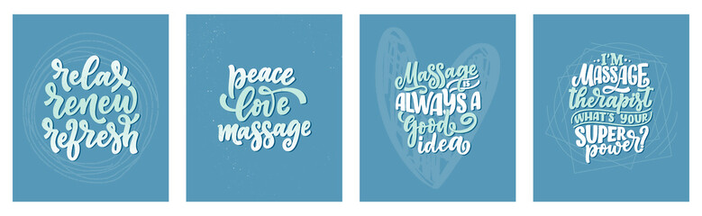 Set with fun slogans about massage. Lettering typography quotes. Hand drawn inspirational, motivational poster. Cosmetology print, badge, logo, tag. Vector