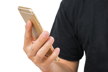 Man use gold smartphone on white background