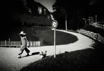 On the shore of the Lake of Montriond in Portes du Soleil, Haute -Savoie region, France. Creative black and white image.