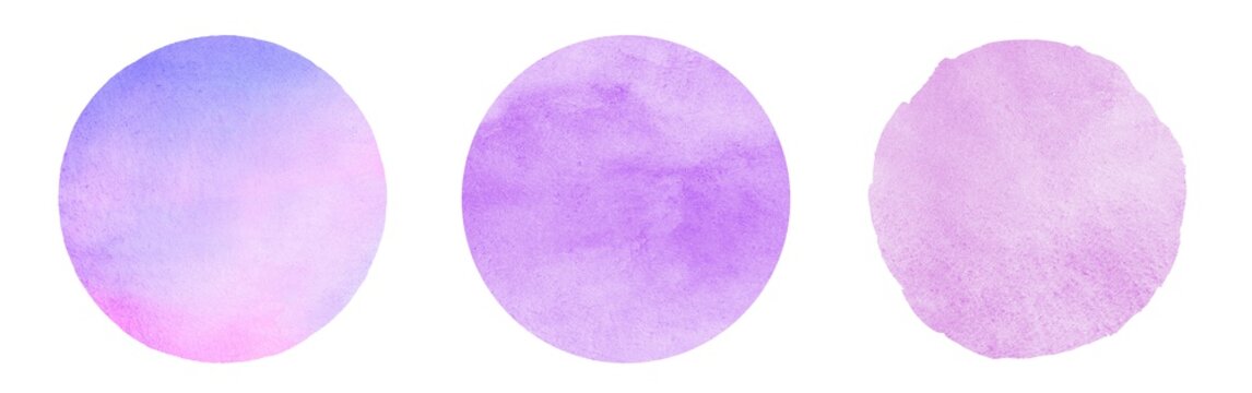 Lilac, lavender watercolor circles set. Round shapes, text frames collection. Pink, soft violet, purple watercolour stains background, texture, design element. Light pastel colors aquarelle templates.