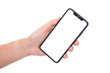 Hand holding new smartphone on white background