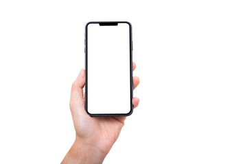 Hand holding new smartphone on white background