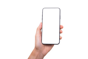 Hand holding new smartphone on white background